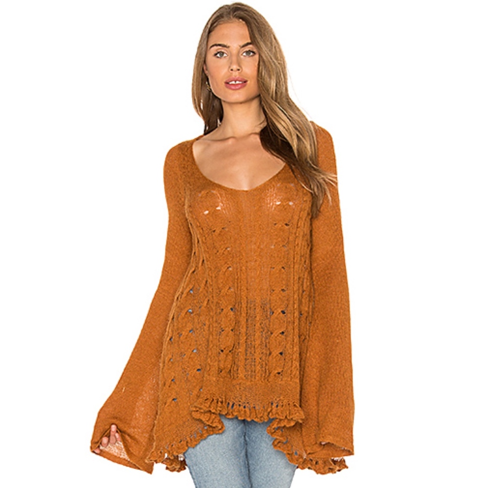 Free People Waterfall V-Neck Fall Sweater in Honey